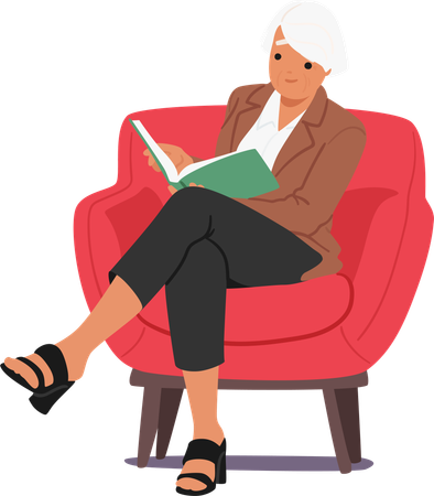 Senior Female Character Reading Sitting On Cozy Armchair  Illustration