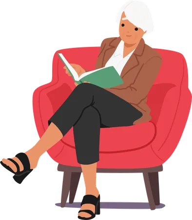 Senior Female Character Reading Sitting On Cozy Armchair  Illustration