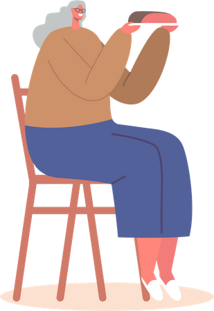 Senior Female Character Sitting on Chair Holding Plate with Meal Illustration