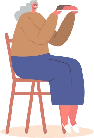 Senior Female Character Sitting on Chair Holding Plate with Meal Illustration