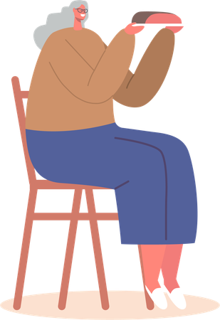 Senior Female Character Sitting on Chair Holding Plate with Meal  Illustration