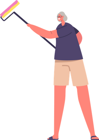 Senior Female Character with Painting Roller Illustration