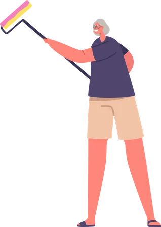 Senior Female Character with Painting Roller Illustration