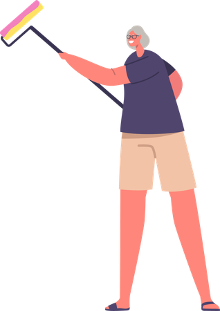 Senior Female Character with Painting Roller  Illustration