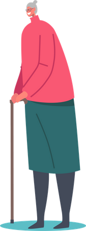 Senior Female Character with Walking Cane Illustration