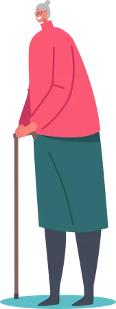 Senior Female Character with Walking Cane  Illustration