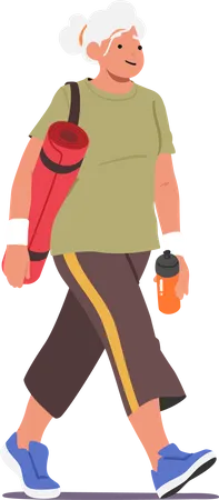 Senior female character with yoga mat walking towards a gym  Illustration