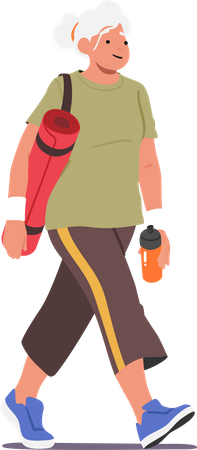 Senior female character with yoga mat walking towards a gym  Illustration