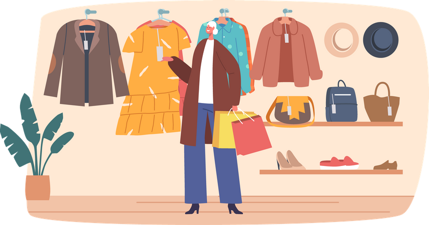 Senior Female Choose on Clothes in Store Illustration