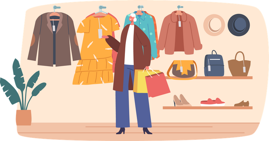 Senior Female Choose on Clothes in Store  Illustration