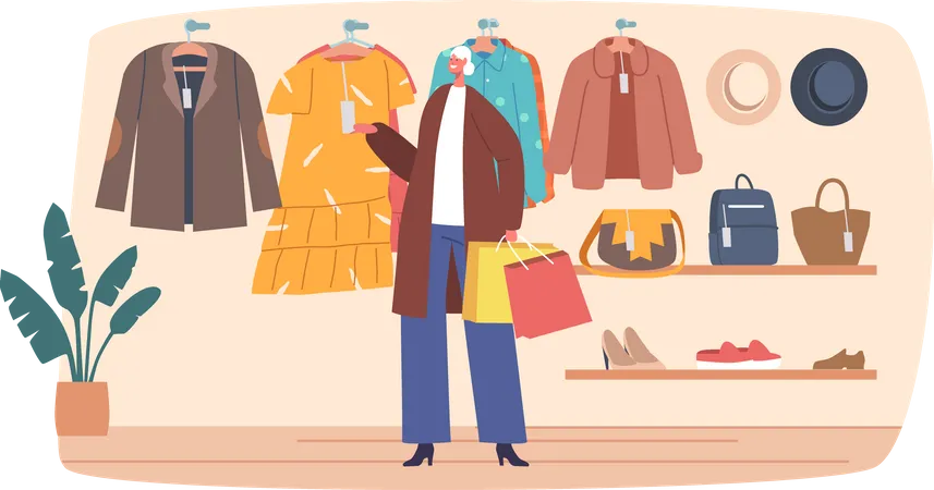 Senior Female Choose on Clothes in Store  Illustration