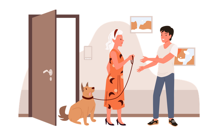 Senior female handover pet to man  Illustration