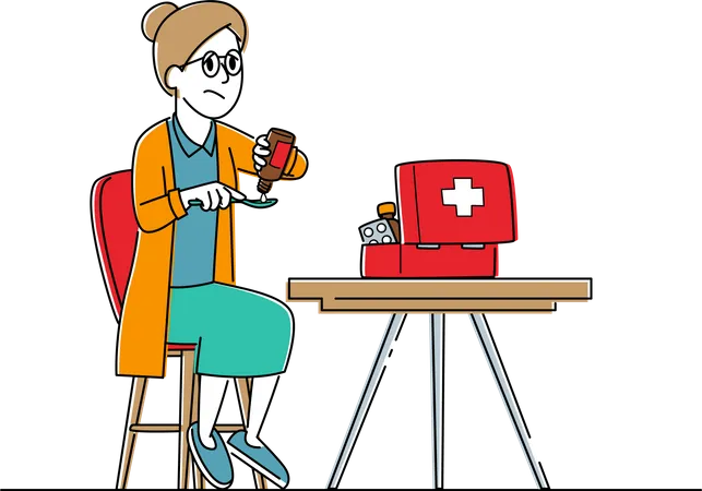 Senior Female Sitting at Home with Drugs with Medicine Box on Table  Illustration