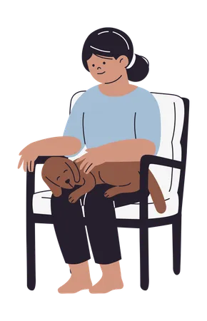 Senior Female Sitting on Chair with Dog  Illustration