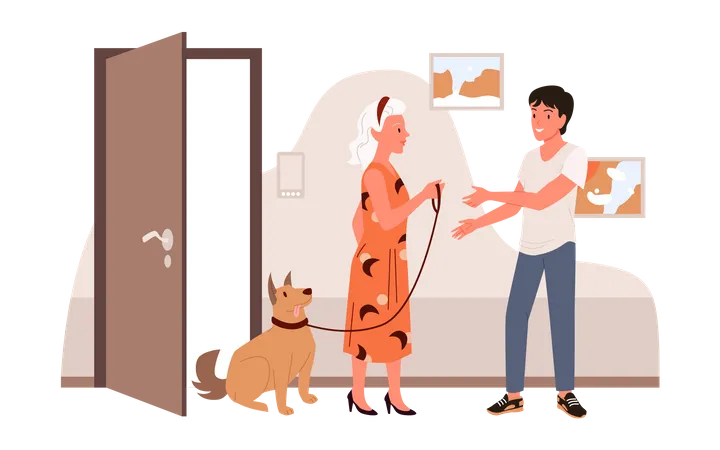 Femme senior remettant son animal à un homme  Illustration