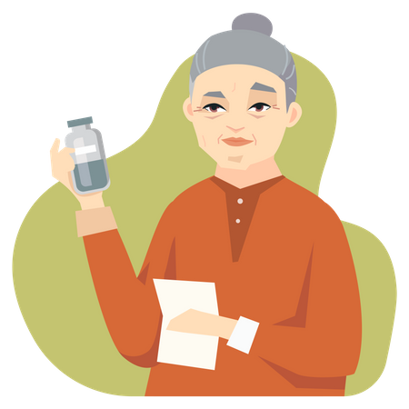 Femme chinoise âgée prenant des médicaments  Illustration