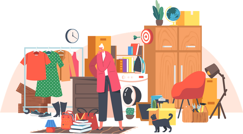Senior Forgetful Woman Stand at Messy Room Illustration