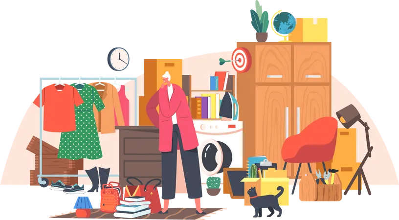 Senior Forgetful Woman Stand at Messy Room  Illustration