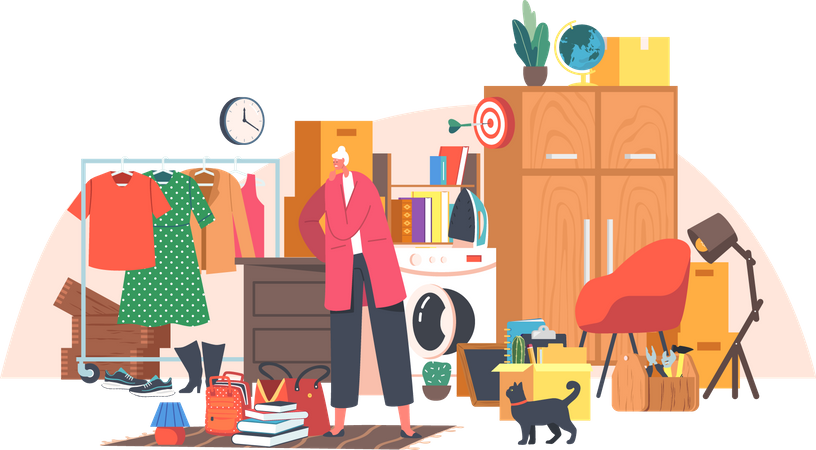 Senior Forgetful Woman Stand at Messy Room  Illustration