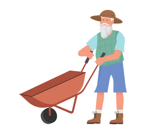 Senior gardener pushing trolley  Illustration