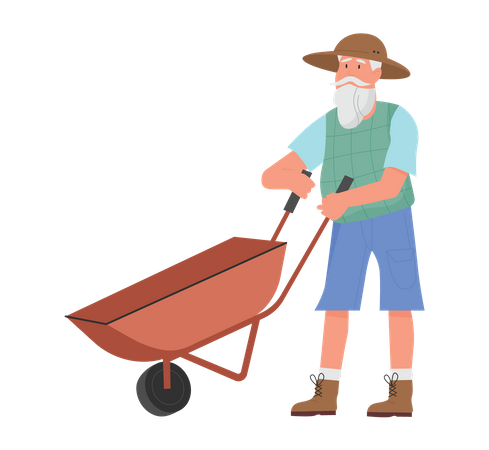 Senior gardener pushing trolley  Illustration