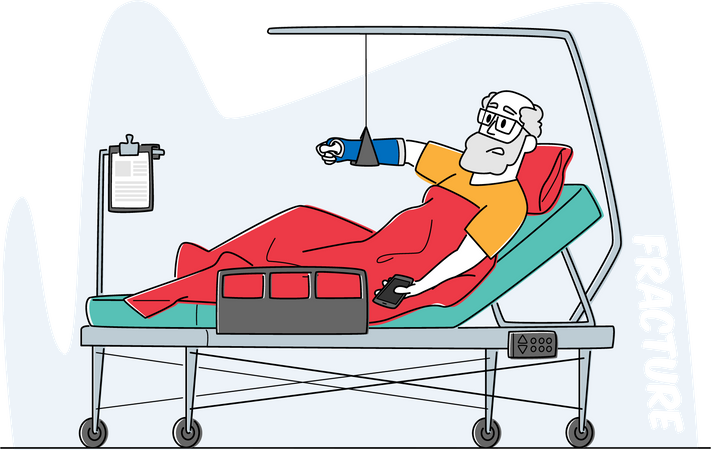 Homem sênior deitado na câmara clínica com braço quebrado. Paciente ferido e enfaixado, deitado na cama com a mão amarrada  Ilustração