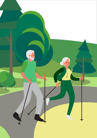 Homme et femme senior marchant ensemble dans le jardin  Illustration
