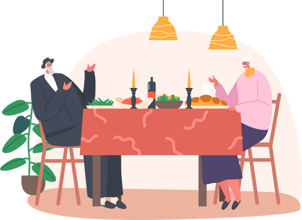 Senior Jewish Couple Celebrating or Having Dinner Together  Illustration