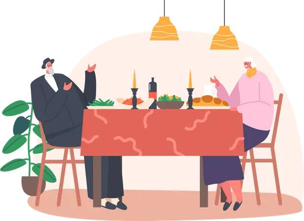 Senior Jewish Couple Celebrating or Having Dinner Together  Illustration