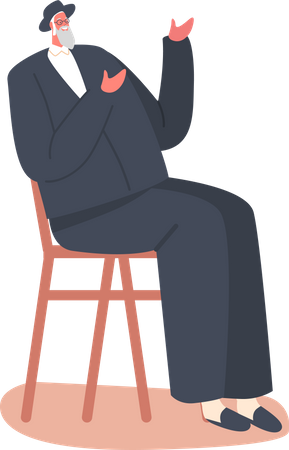 Senior Jewish Man in Black Suit and Sit on Chair Illustration