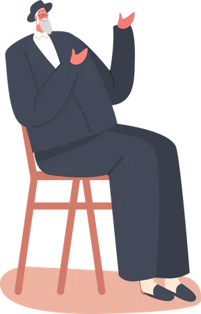 Senior Jewish Man in Black Suit and Sit on Chair Illustration