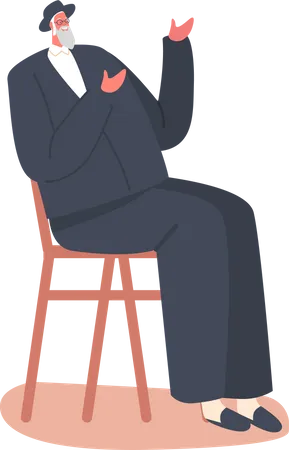 Senior Jewish Man in Black Suit and Sit on Chair  Illustration