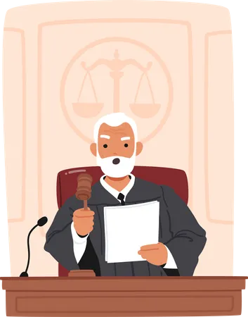 Senior Judge Character With Gavel Seated At Desk Presiding In Court Delivering Justice And Maintaining Order With Authority Experience And Impartiality Cartoon People Vector Illustration イラスト