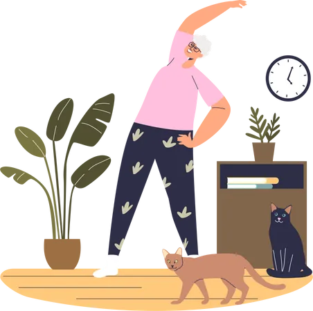 Senior Lady Doing Exercises Training At Home Active Elder Female Workout In Living Room Fitness For Retired Hobby And Healthy Lifestyle Concept Cartoon Flat Vector Illustration Illustration