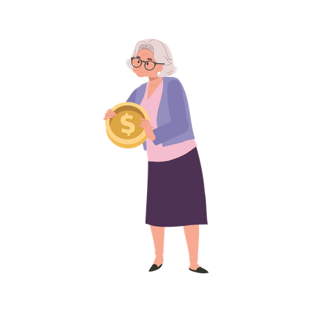 Senior Lady Smiling while Holding big coin  Illustration