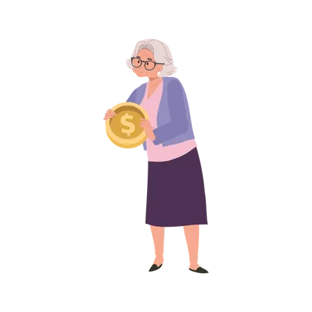 Aged Wealth Management Retirement Finance Concept Happy Senior Lady Smiling While Holding Big Coin Illustration