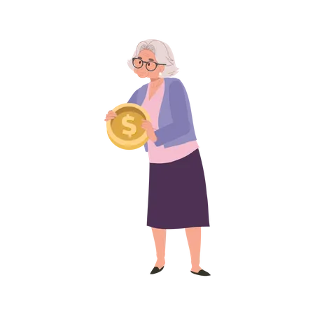 Senior Lady Smiling while Holding big coin  Illustration