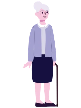 Senior lady standing with stick Illustration