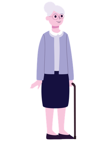 Senior lady standing with stick  Illustration