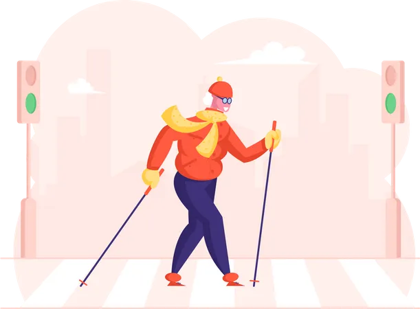 Senior Lady Walking With Scandinavian Sticks Crossing Crossroad At City Outdoors Fitness Activity Healthy Lifestyle And Sport Life Old Woman Morning Sports Exercise Cartoon Flat Vector Illustration Illustration
