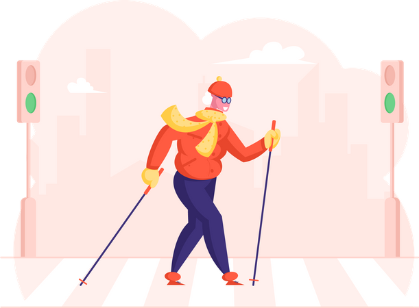 Senior Lady Walking and Crossing road  Illustration