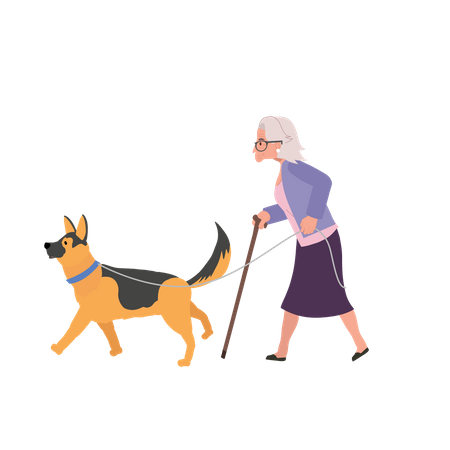 Senior Lady with Cane Stick and Trusty Escort Dog  Illustration