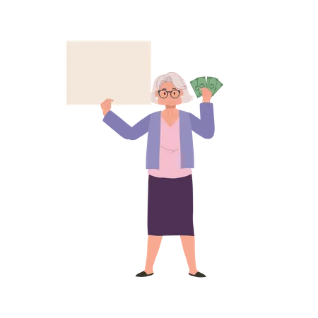 Financial Concept Full Length Senior Lady Illustration With Money Fan And Signboard Flat Vector Cartoon Illustration Illustration