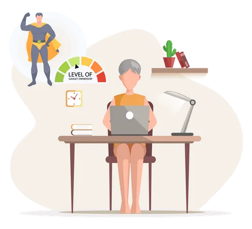 Old Woman Sitting With Computer At Workplace Freelancer Grandmother Working Online With Laptop Senior Lady Dealing With Technology Using Modern Gadget Increasing Level Of Gadget Ownership Illustration