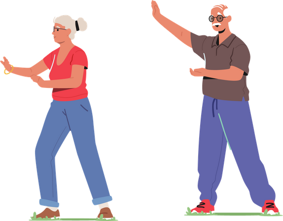 Senior Male and Female Characters Exercising at City Park  Illustration