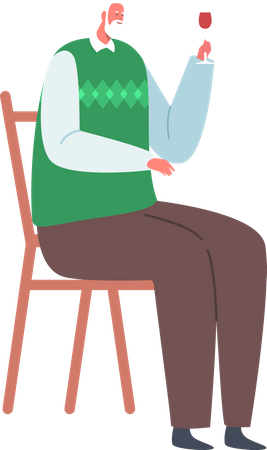 Homme senior assis sur une chaise tenant un verre à vin  Illustration