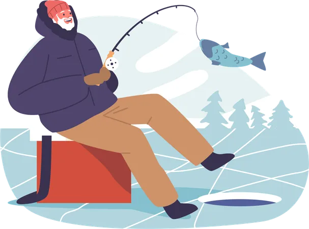 Senior Male, Bundled Against Cold and Sits Patiently On Frozen Lake  Illustration