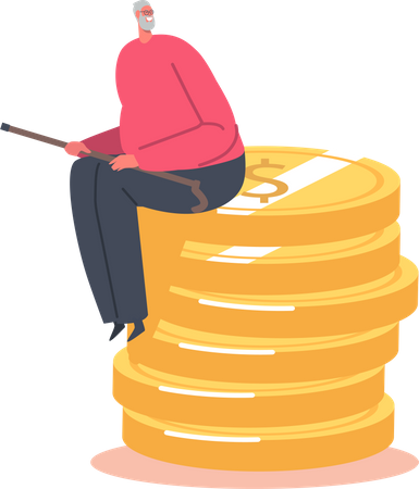 Senior Male Character Sitting on Huge Pile of Golden Coins  Illustration