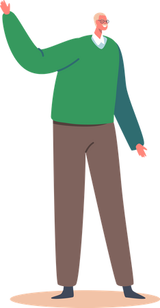 Senior Male Character Wear Green Sweater Waving Hands Illustration