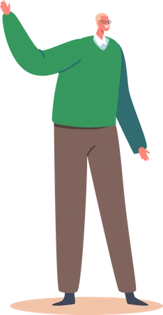 Senior Male Character Wear Green Sweater Waving Hands  Illustration